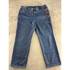 Kate Hill Woman Blue Embroidered Floral Beaded Jeans Plus Size 20W Straight Leg